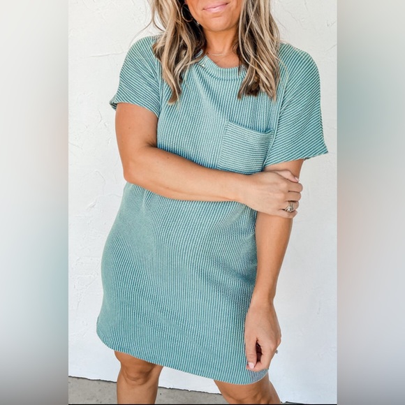 Blue Ribbed Knit Summer Short Sleeved T-Shirt Dress, Relaxed Fit, M-L-XL - Picture 4 of 10